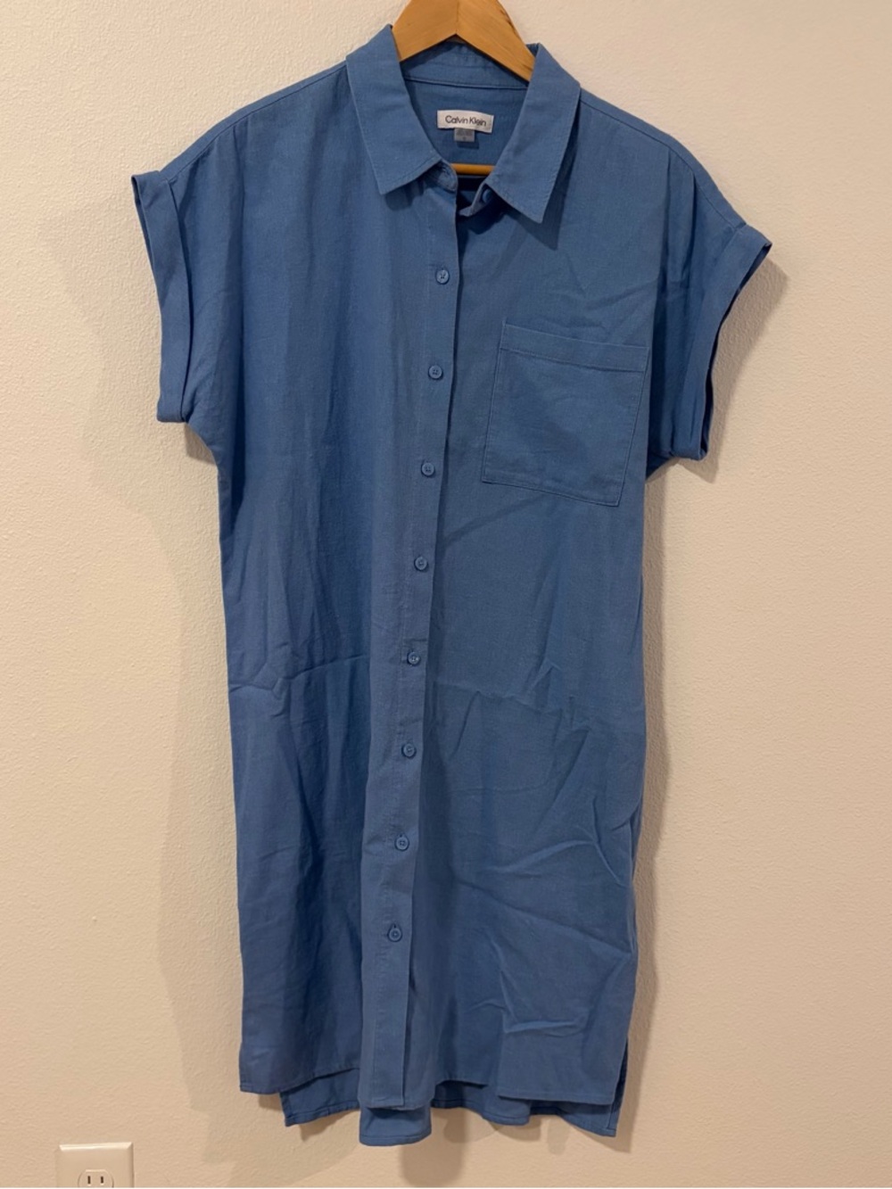 Calvin Klein Light Blue Collared Shirt Linen Blend Midi Dress